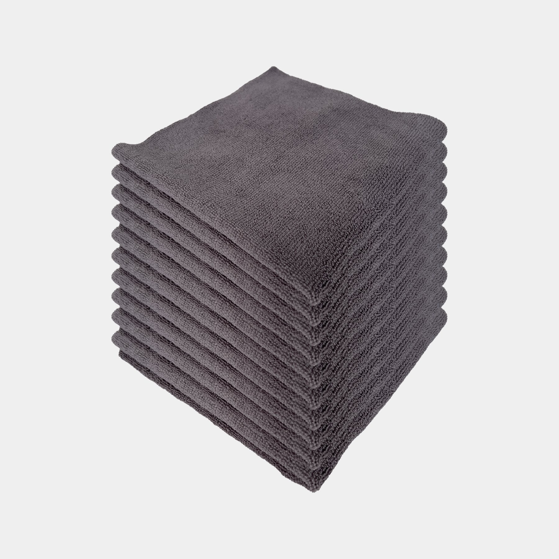 Car care microfibre grey cloth 40x40cm stacked in a pile of 10 to display a 10 pack.