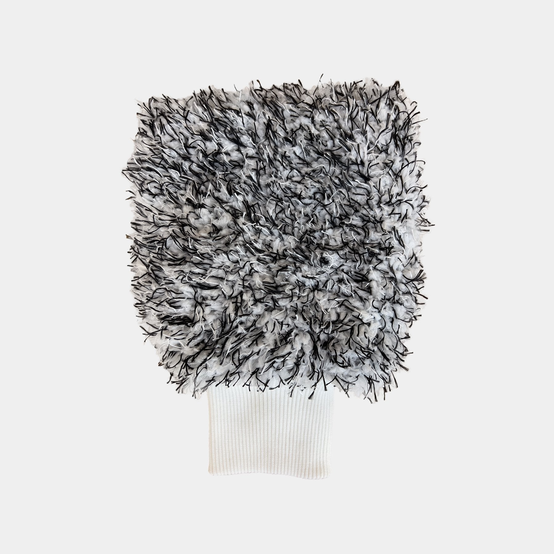 Car care microfibre black and white cleaning wash mitt displayed on a white background.