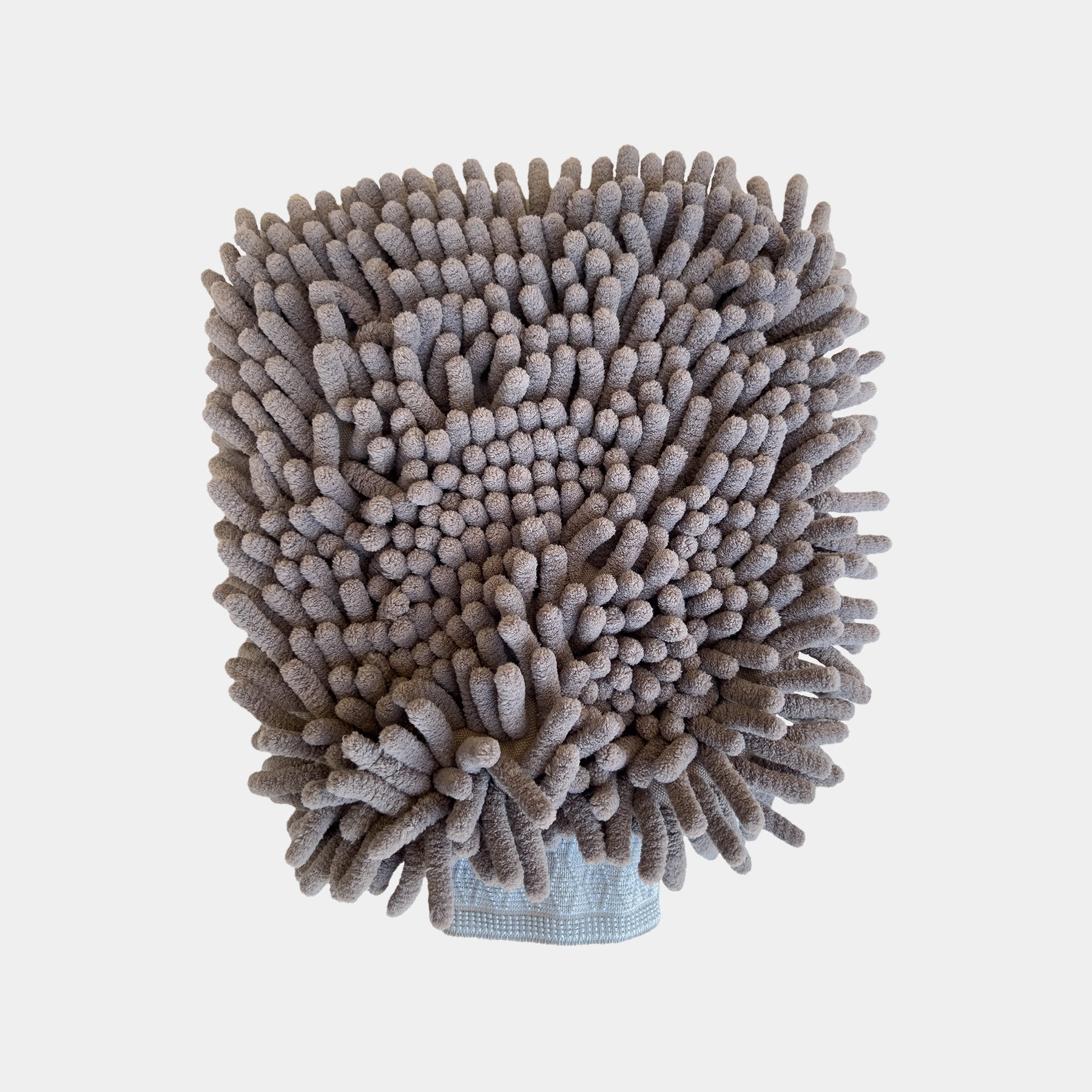 Car care noodle chenille grey wash mitt displayed on a white background.