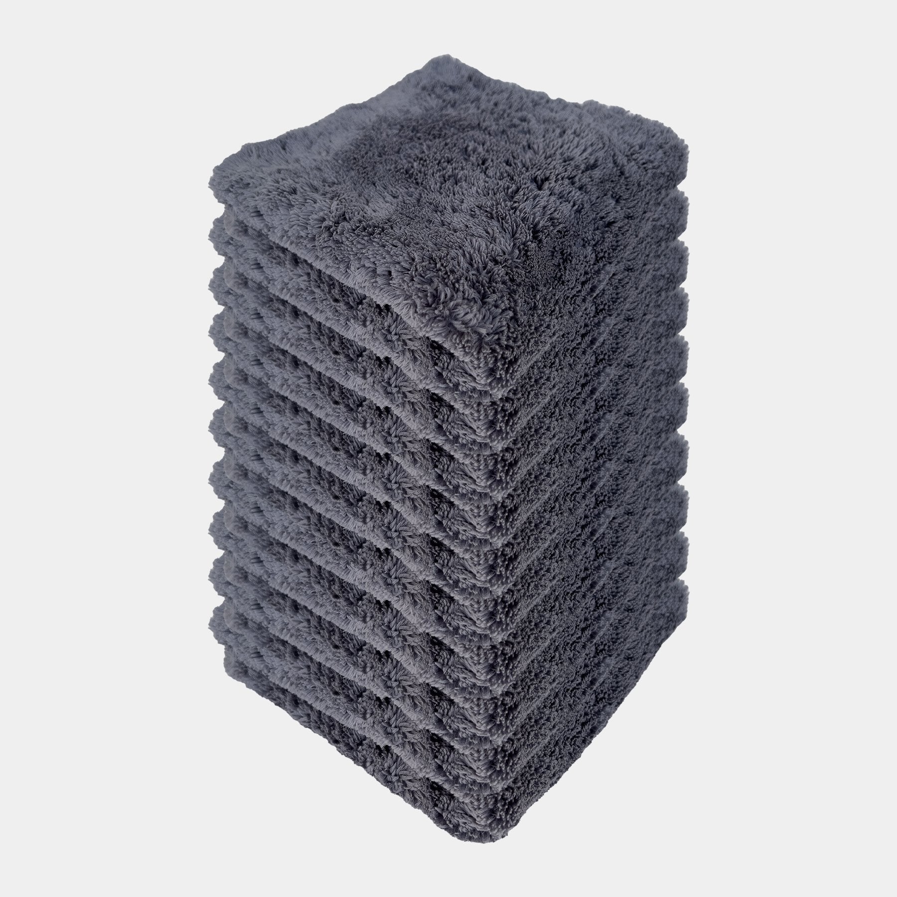 Car care plush grey microfibre cloth stacked in a pile of 10 showcasing a 10 pack.