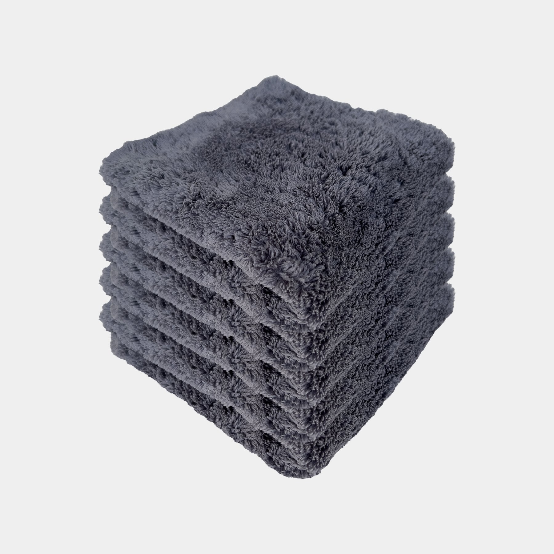 Car care plush grey microfibre cloth stacked in a pile of 5 showcasing a 5 pack.