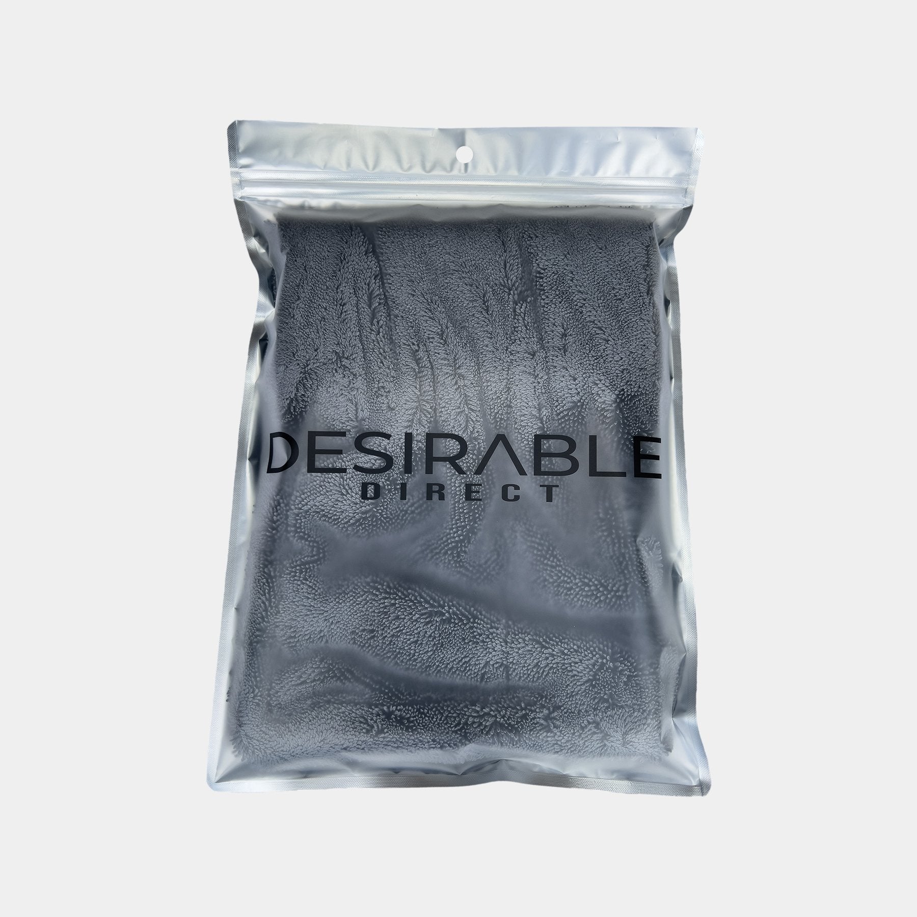 Car care small twisted pile grey microfibre wheel and trim 40x40cm drying towel displayed on a white background in silver packaging with desirable direct printed on the front to keep the item clean when not in use.