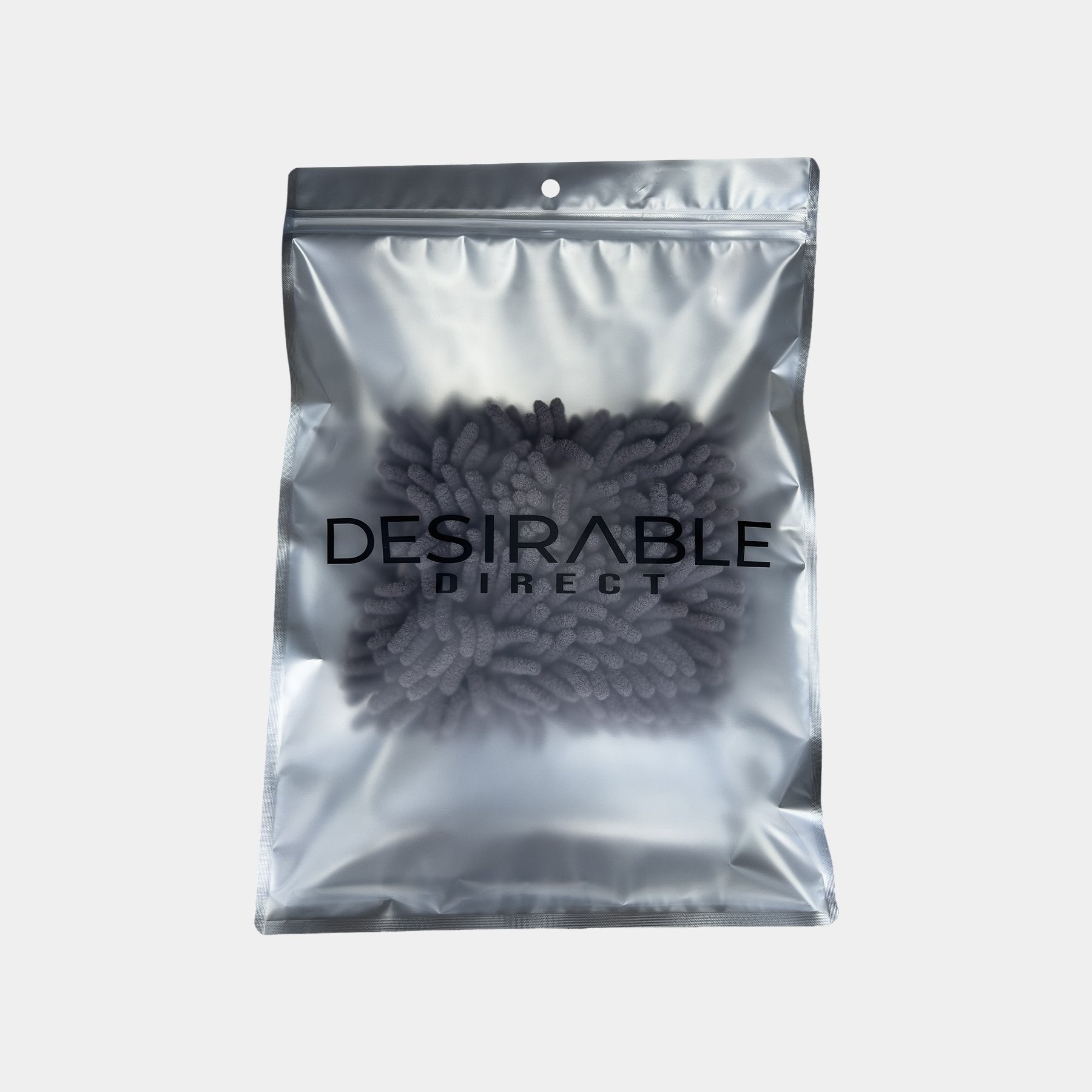 Car care chenille grey wheel and trim noodle wash pad displayed on a white background in silver packaging with desirable direct printed on the front to keep the item clean when not in use.