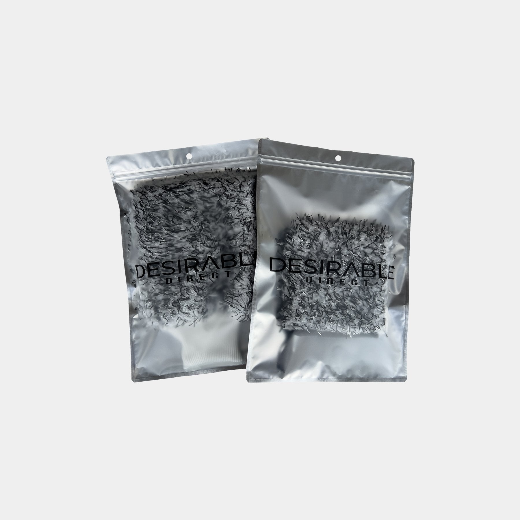 Car care microfibre black and white wash and wheel mitt bundle displayed on a white background in silver packaging with desirable direct printed on the front to keep the item clean when not in use.