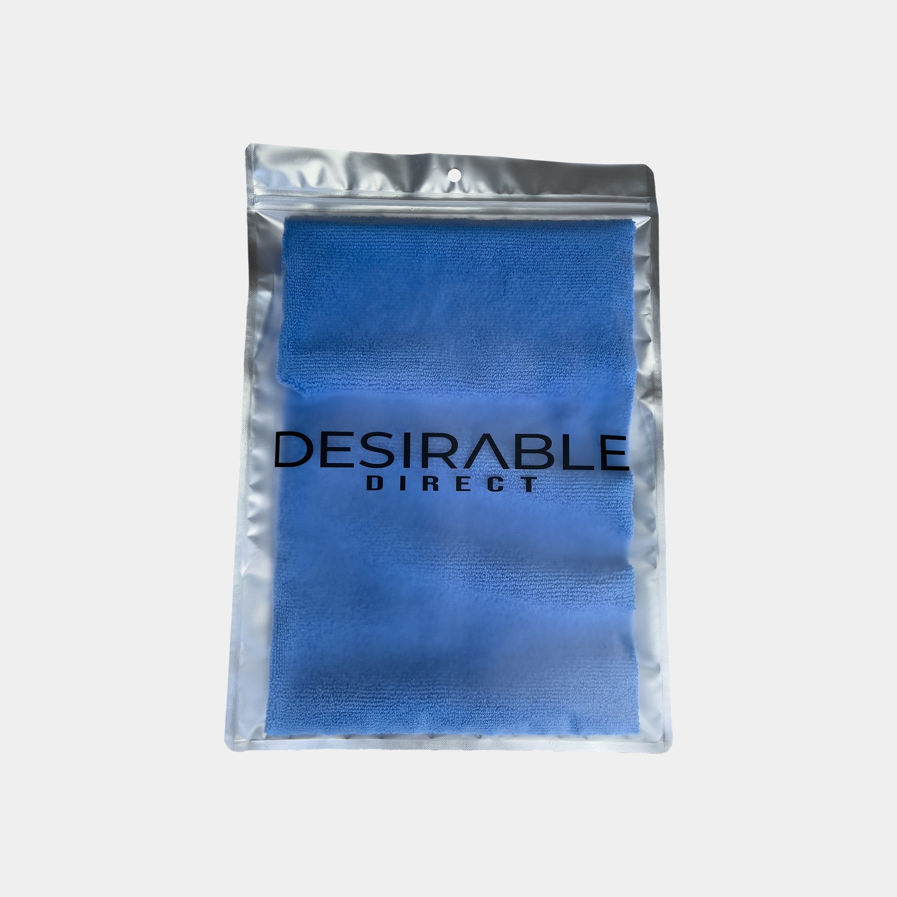 Car care microfibre soft blue multi-purpose cloth 40x40cm displayed on a white background in silver packaging with desirable direct printed on the front to keep the item clean when not in use.
