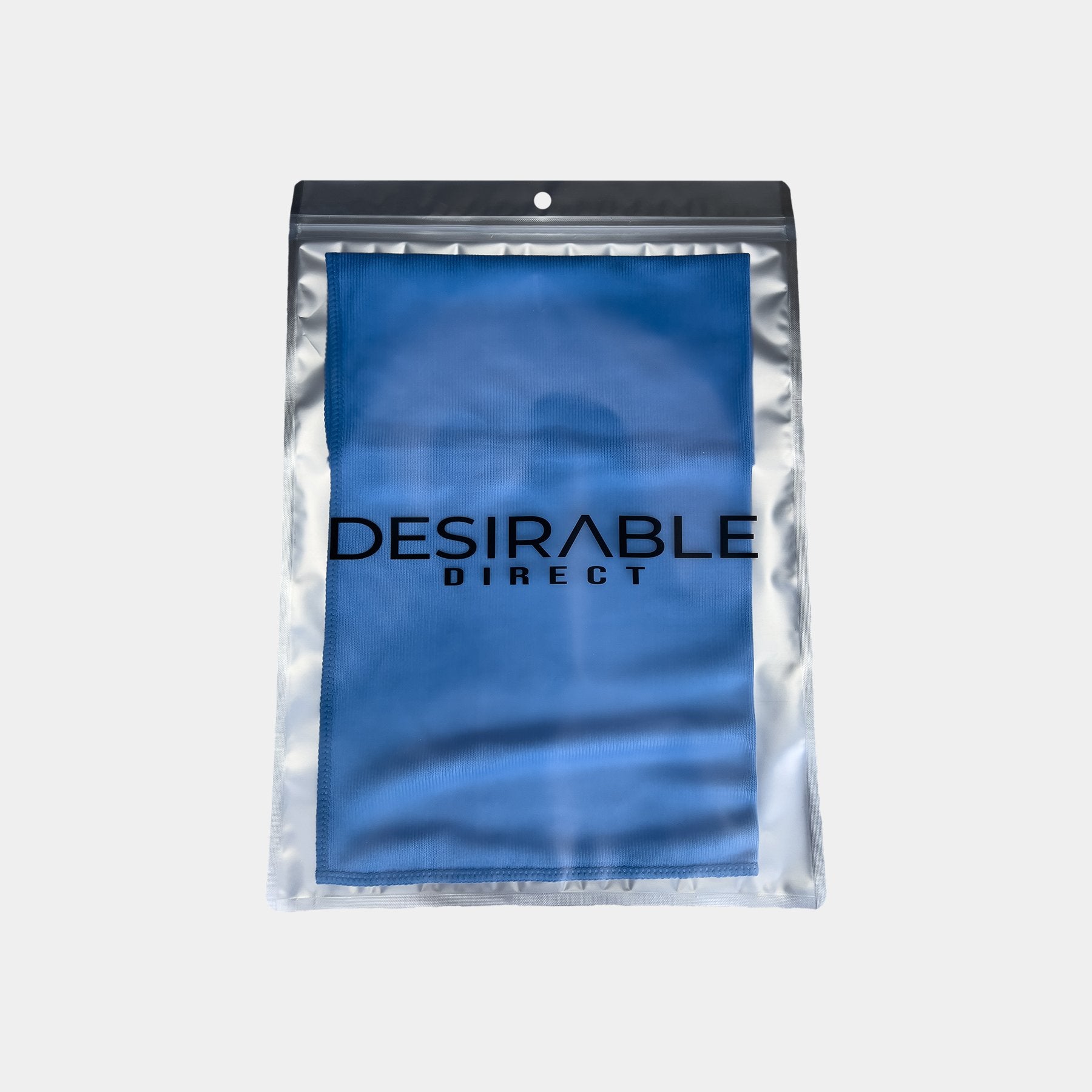 Car care microfibre blue glass cloth 40x40cm displayed on a white background in silver packaging with desirable direct printed on the front to keep the item clean when not in use.