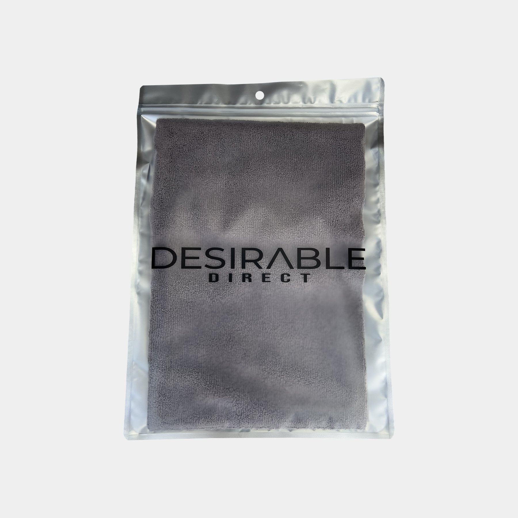 Car care microfibre grey cloth 40x40cm displayed on a white background in silver packaging with desirable direct printed on the front to keep the item clean when not in use.
