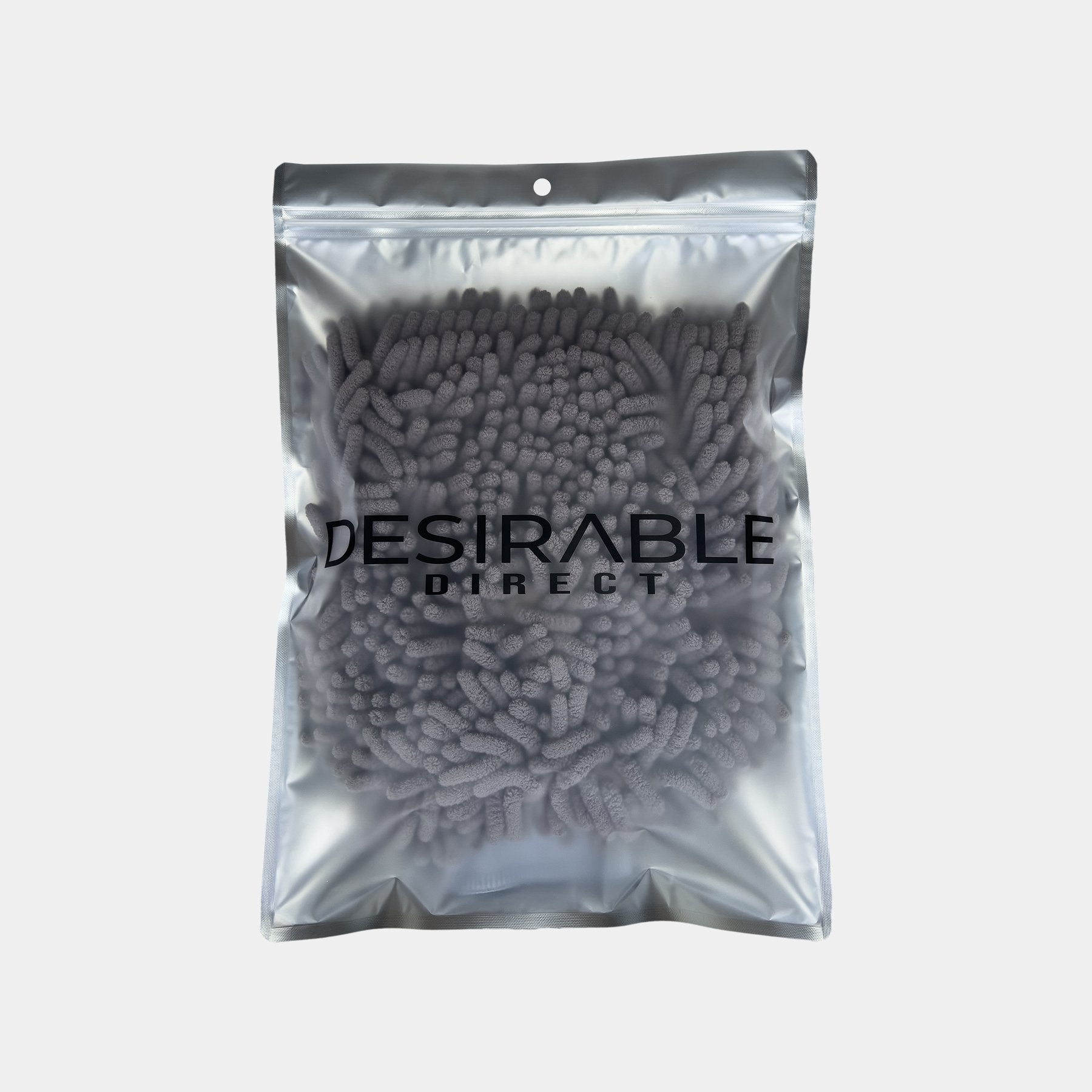 Car care noodle chenille grey wash mitt displayed on a white background in silver packaging with desirable direct printed on the front to keep the item clean when not in use.